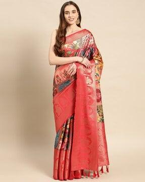 floral print saree with tassels