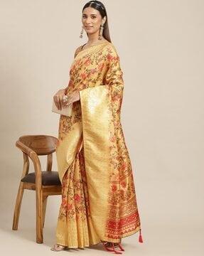 floral print saree with tassels