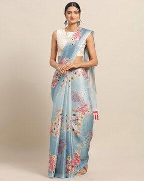 floral print saree with tassels