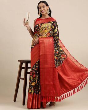 floral print saree with tassels