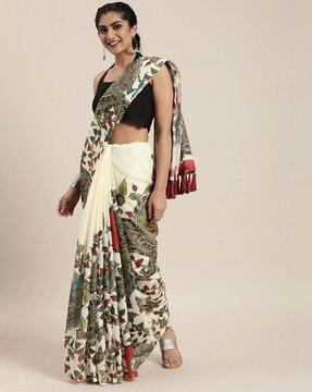 floral print saree with tassels