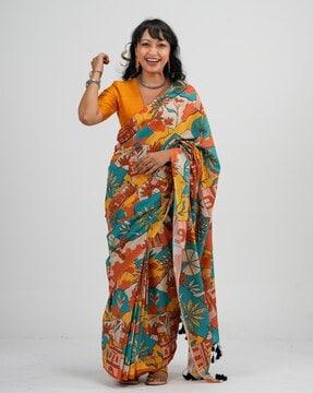 floral print saree with tassels