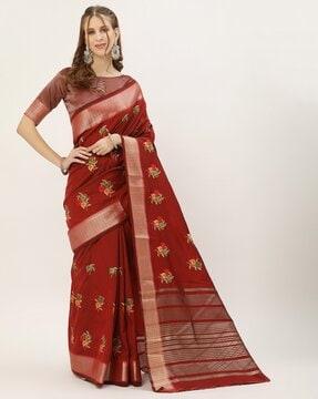 floral print saree with thread embroidery