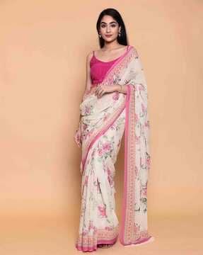 floral print saree with unstitched blouse piece