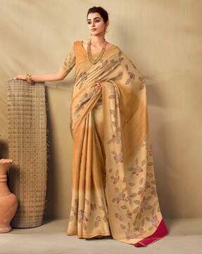 floral print saree with unstitched blouse piece