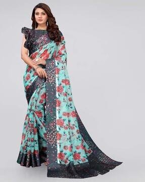 floral print saree with woven border