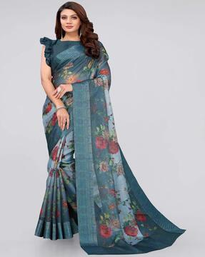 floral print saree with woven border