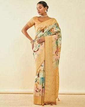 floral print saree with zari woven border