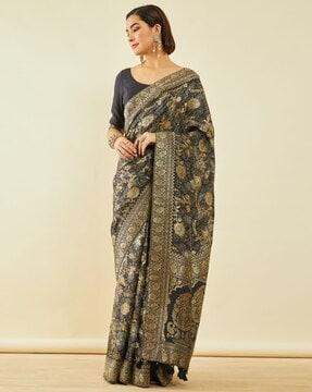 floral print saree with zari woven border