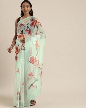 floral print satin saree with blouse piece