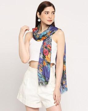 floral print scarf with frayed hem