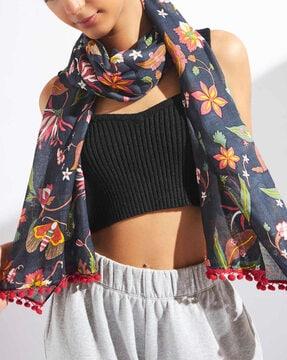 floral print scarf with pom-pom lace border