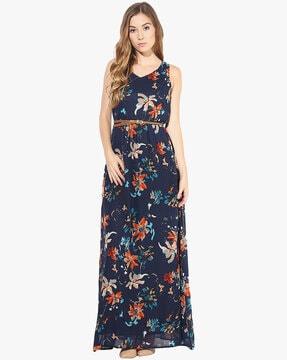 floral print scoop neck gown dress with belt
