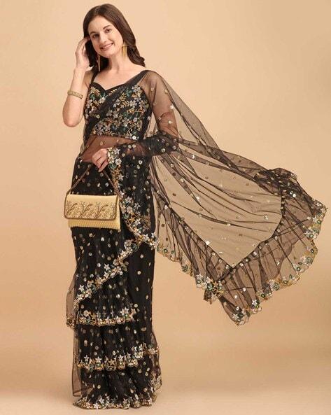 floral print sequin embroidered ruffled saree