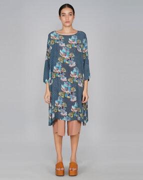 floral print shift dress with asymmetric hem