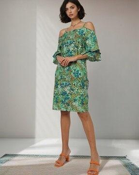 floral print shift dress with bell sleeves