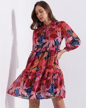 floral print shift dress with puff sleeves