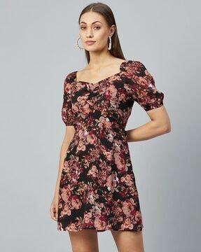 floral print shift dress with puff sleeves