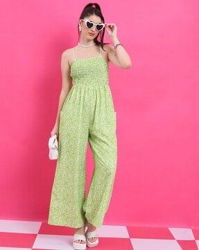 floral print shirred cami jumpsuit