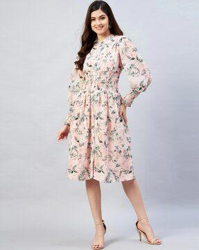 floral print shirring a-line dress