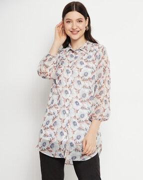 floral print shirt collar tunic