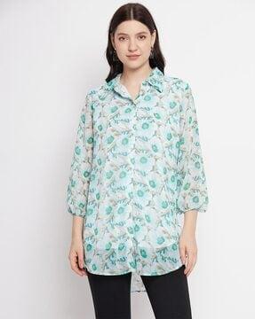 floral print shirt collar tunic