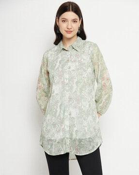 floral print shirt collar tunic