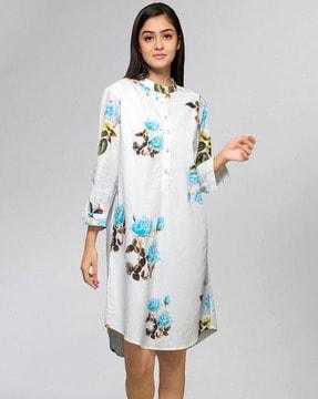 floral print shirt dress with band collar