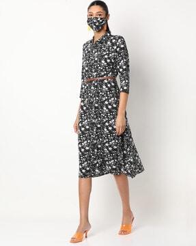 floral print shirt dress with belt & mask