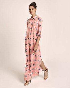 floral print shirt dress with roll-up sleeves