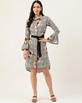 floral print shirt dress with waist tie-up