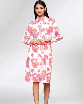 floral print shirt dress with waist tie-up