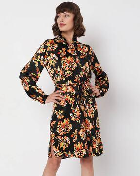 floral print shirt dress with waist tie-up