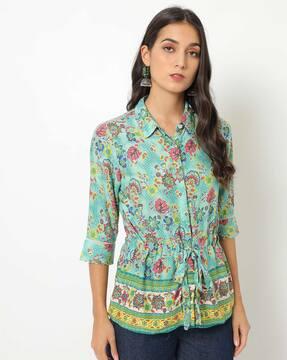 floral print shirt tunic with waist tie-up