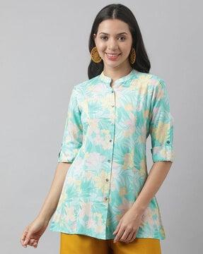 floral print shirt with band collar