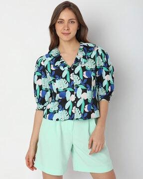 floral print shirt with cuffed sleeves