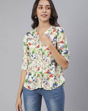 floral print shirt with mandarin collar