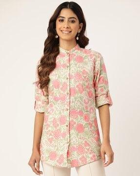 floral print shirt with mandarin collar