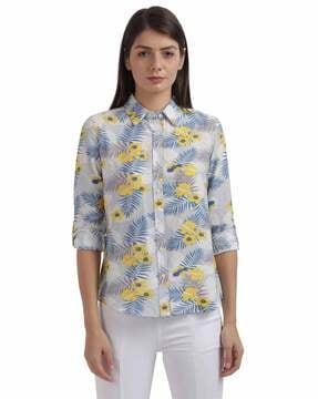 floral print shirt with roll-up sleeves