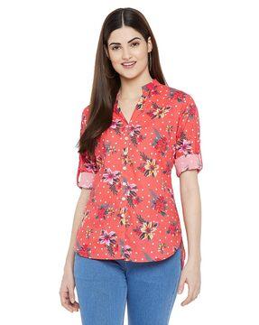 floral print shirt with roll-up sleeves