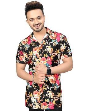 floral print shirt with short sleeves