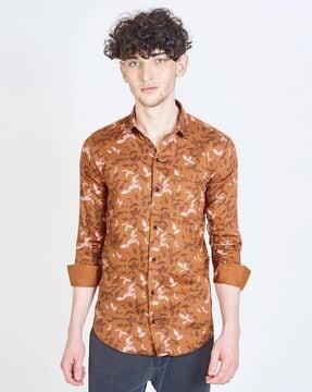 floral print shirt with spread collar & patch pocket