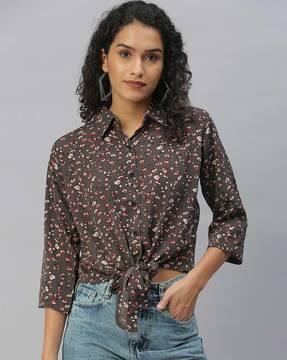 floral print shirt with waist tie-up