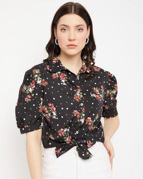 floral print shirt with waist tie-up