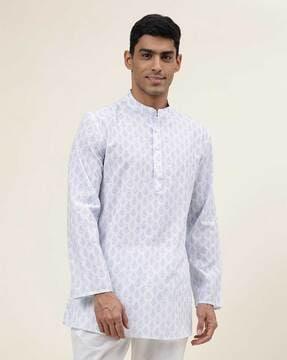 floral print short kurta with band collar