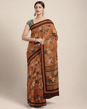 floral print silk blend saree with blouse piece