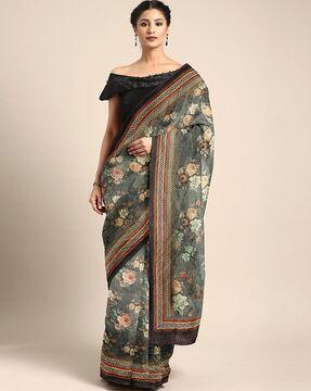 floral print silk saree with blouse piece