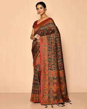 floral print silk saree with tassels