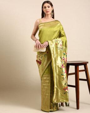 floral print silk saree with tassels