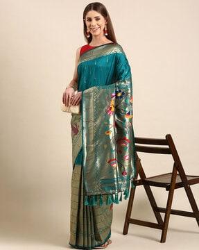 floral print silk saree with tassels